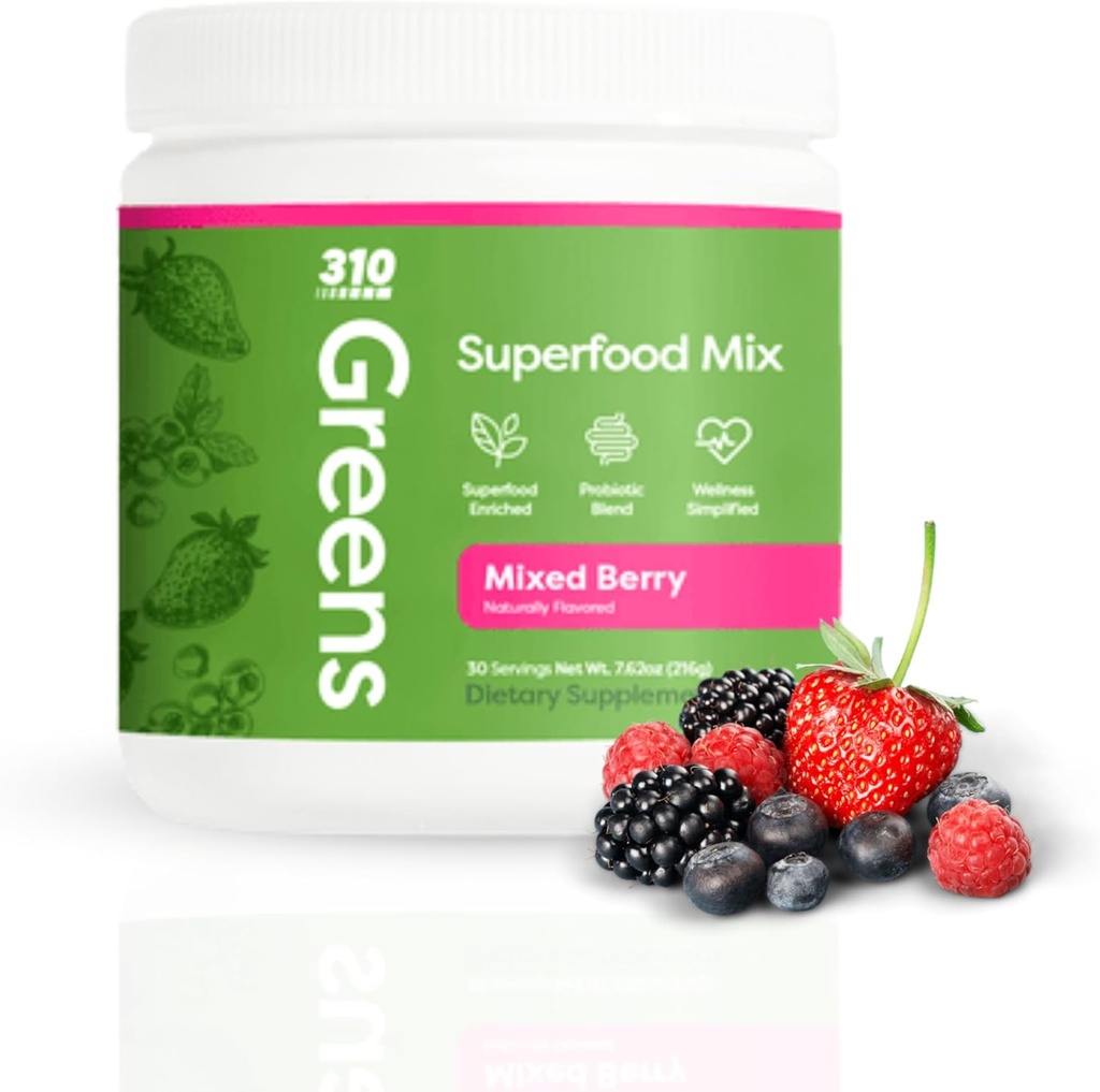 310 Nutrition Organic Superfood Greens Powder - Super Green Powder Supplement med Daily Greens Spirulina, Vegetable Enzymes & Antioxidanter - Immunity Boost - Mixed Berry, 30 portioner