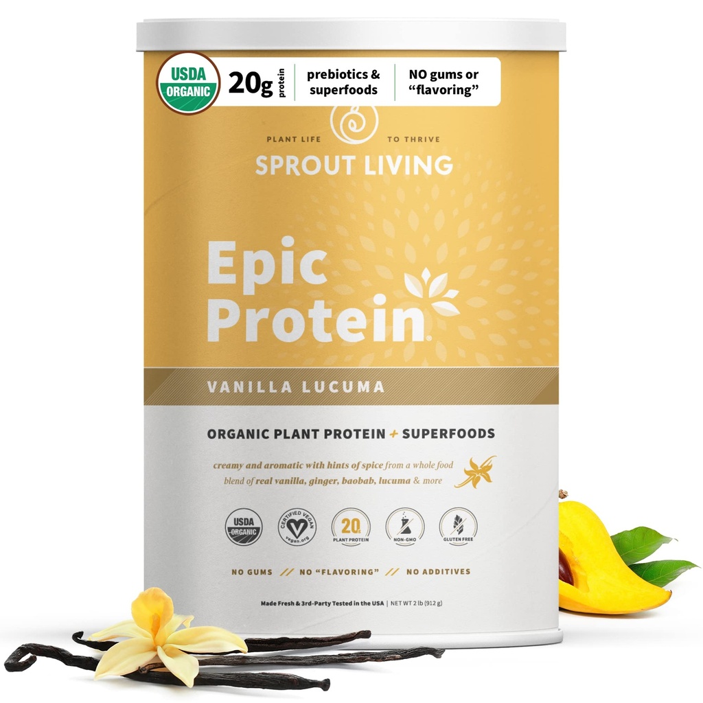 Sprout Living Epic Protein, Plant Based Protein & Superfoods Powder, Vanilla Lucuma Powder | 20 Grams Organic Protein Powder, Vegan, Non Dairy, Non-GMO, Gluten Free, Low Sugar (2 pund, 24 portioner)