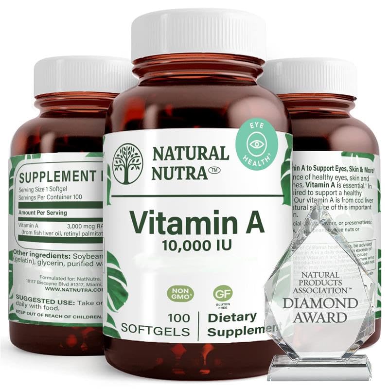 Natural Nutra Vitamin A 10.000 IE Softgels - High Potency Eye and Skin Vitamins - Gluten-Free - Supplement for Sight & Skin Health - Fish Liver Oil for Men and Women, Gluten Free 100 Softgels (2 Pack)