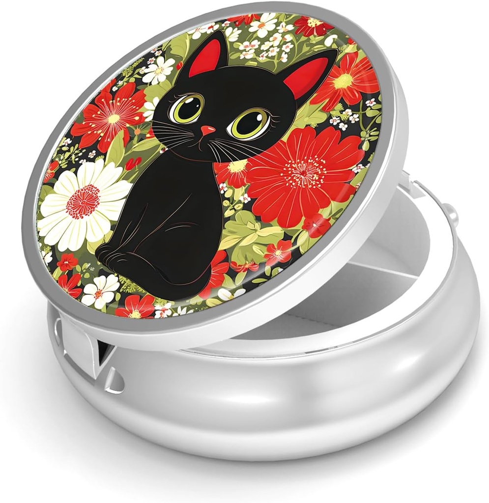 Pill Box-3 Compartment Small Pill Case för Purse & Pocket Mini Metal Pill Holder Travel Pill Container för att hålla tillägg Vitamins BPA-Free (Cute Cat)