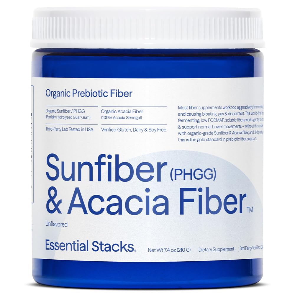 Essential Stacks Organic Sunfiber Prebiotic Fiber (Partially Hydrolyzed Guar Gum/PHGG) med Acacia Fiber Powder - Gluten Free, Non-GMO & Unflavored Soluble Fiber (7,4 oz)