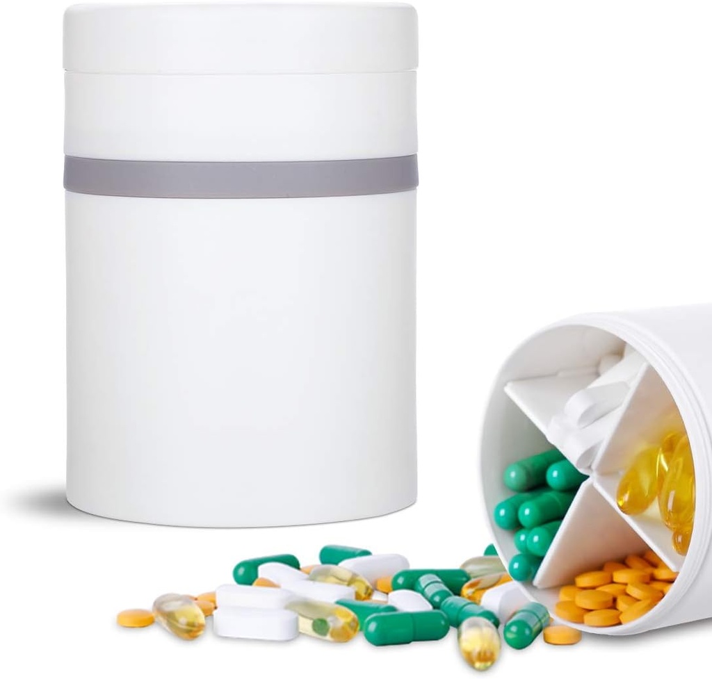 Extra stort tillskott organisatör och bärbar piller fall med 8 kompartment dubbla lager medicin dispenser månatliga vitaminer organisatörer piller flaska, vit