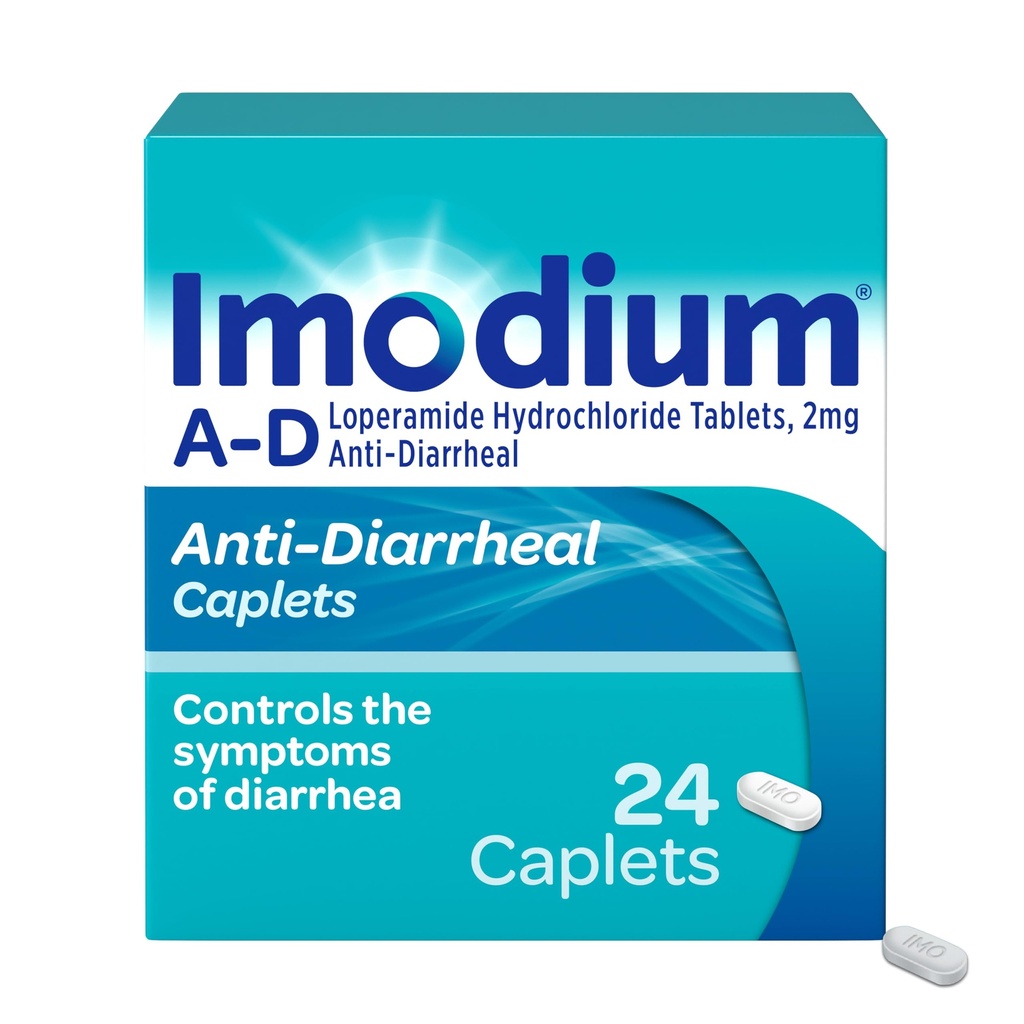 Imodium A-D Diarrhea Relief Caplets med Loperamide HCl, Anti-Diarrheal Medicine för att hjälpa till att kontrollera symptom på diarré på grund av akut, resenärens diarré, HSA / FSA Berättigad, 24 ct