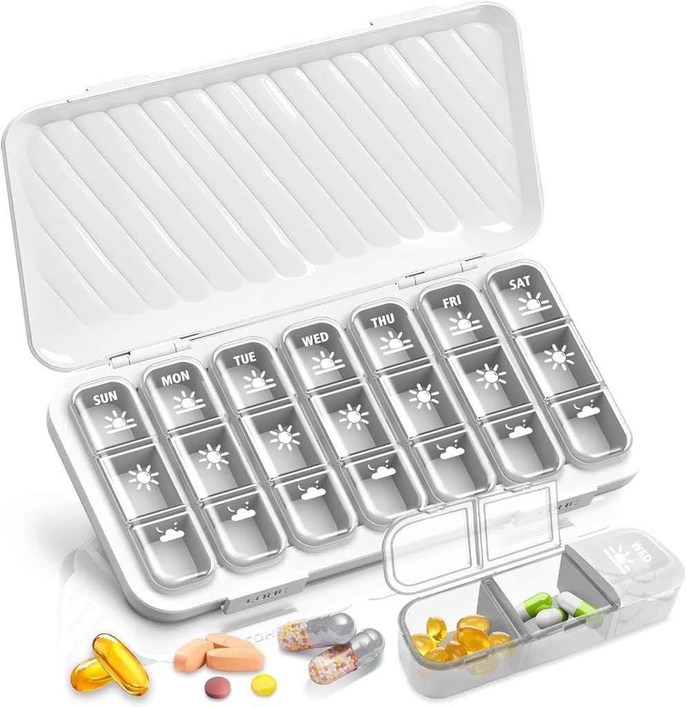 GloDeals Weekly Pill Organizer - Stor 7 Day Medicine Organizer, 3 gånger per dag, vit