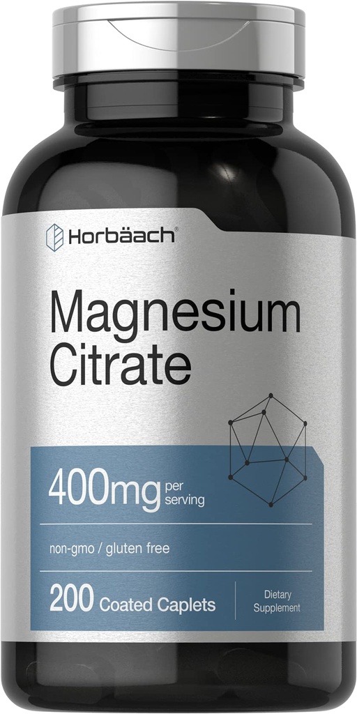 Horbäach Magnesium Citrate | 400mg | 200 Caplets | Vegetarisk, icke-GMO och Gluten fri tillägg