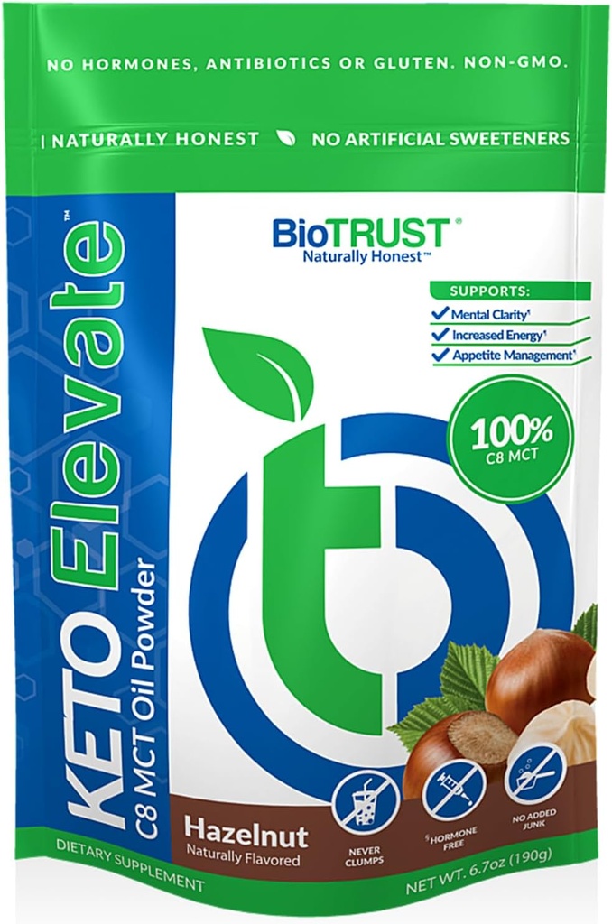 BioTrust Keto Elevate - C8 MCT Oil Powder - Ketogen MCT Coffee Creamer, Keto Coffee Creamer - Clean Energy, Mental Focus & Clarity - 100% Caprylic Acid MCT Powder, Non-GMO (Hazelnut, 20 portioner)