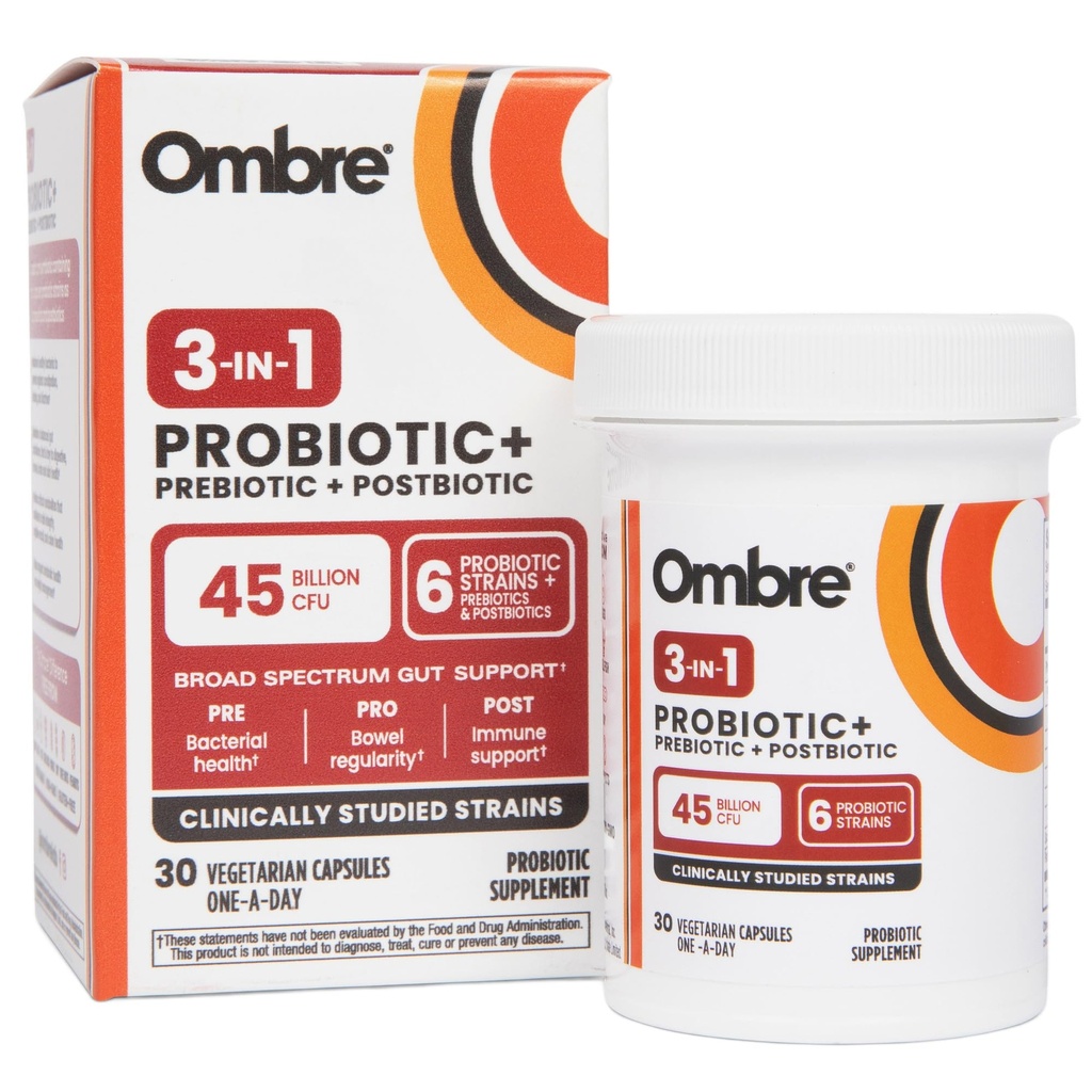 Ombre 3-i-1 Probiotisk, prebiotisk och postbiotisk för Digestive Health & Gut Health - 45 miljarder CFU - Bloating, förstoppning och gasavlastning - Metabolic & Immune Support för kvinnor och män, 30 dagars leverans