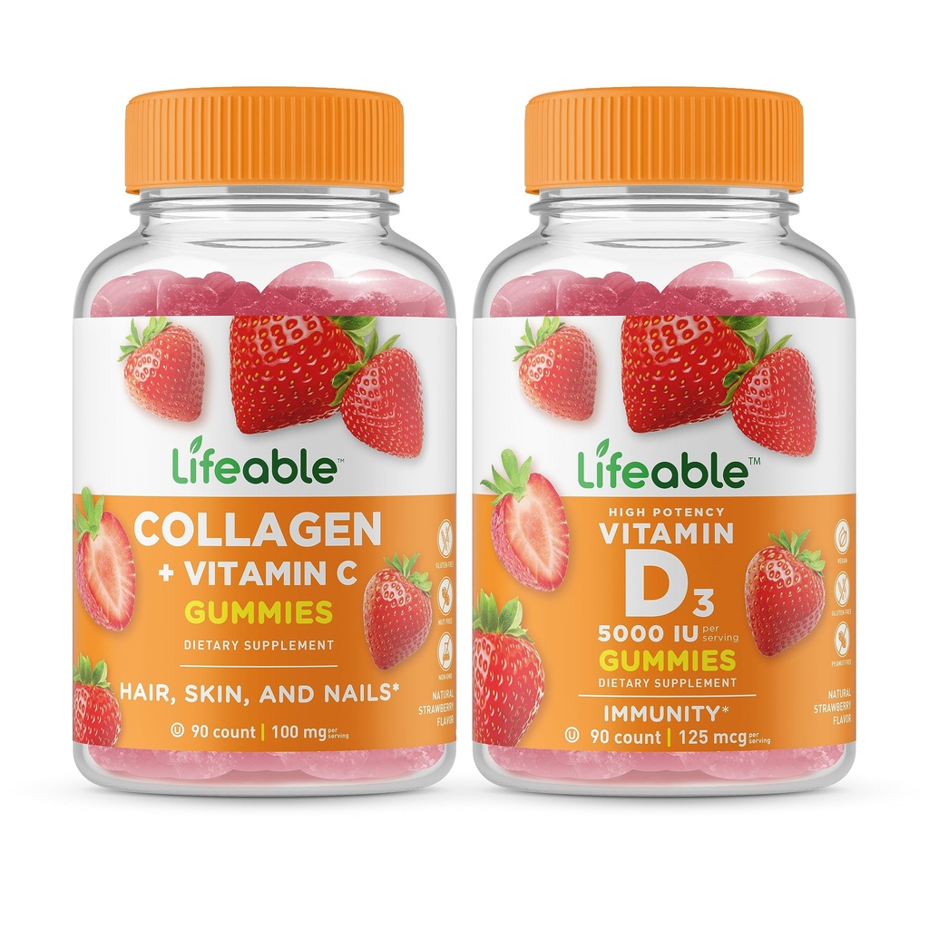 Livlig Collagen & Vitamin C + Vitamin D 5000 IE, Gummies Bundle - Great Tasting, Vitamin Supplement, Gluten Free, GMO Free, Chewable Gummy