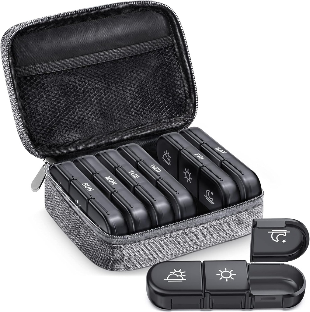 ZIKEE Large Weekly Pill Case Organizer 3 gånger om dagen, Portable Light Proof Canvas Bag Pill Box 7 Day för att skydda din integritet och lagra medicinering, vitamin, fiskolja, tillskott (grå)