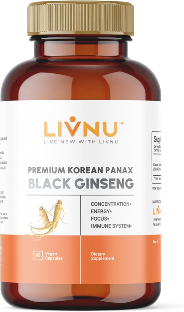 LivNu | Premium Korean Black Panax Ginseng | Hög Ginsenosides för energi, fokus, prestanda, uthållighet och immunstöd | Vegan piller