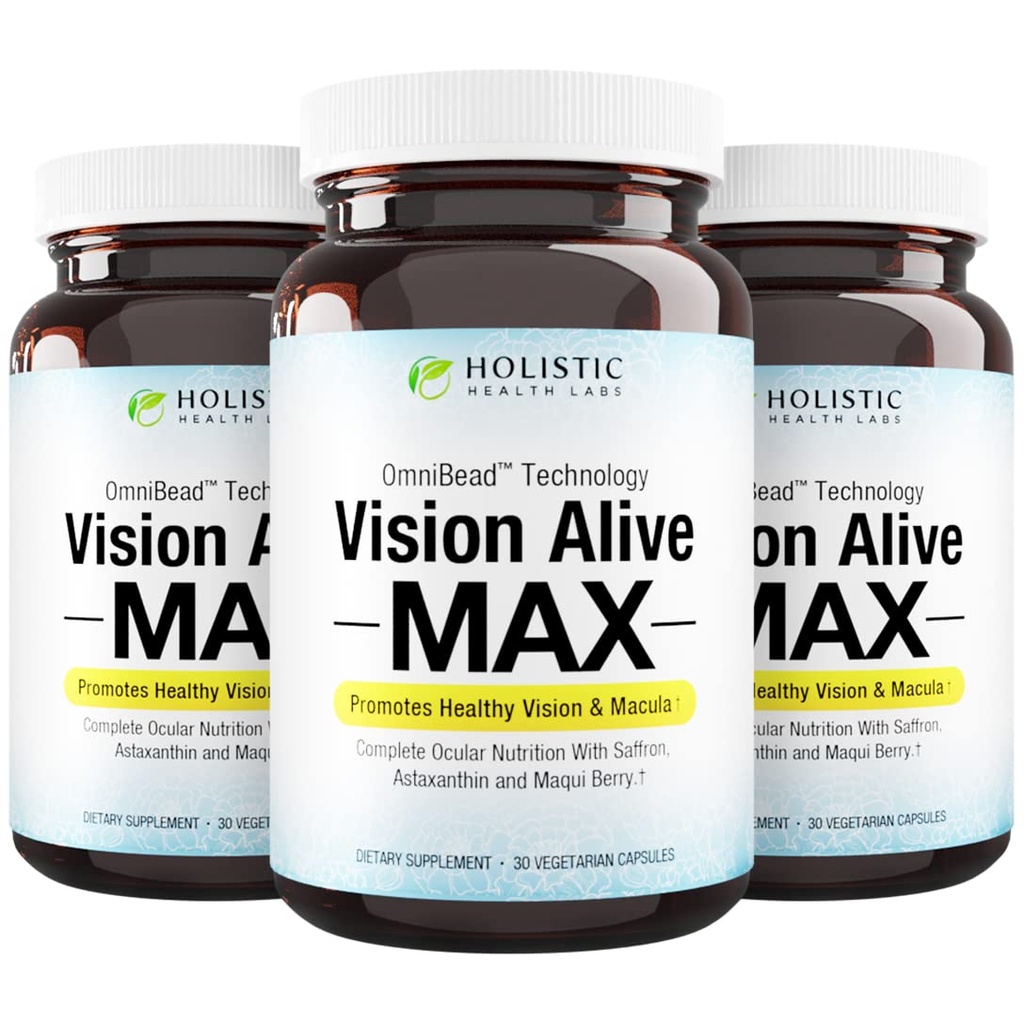 Holistic Health Labs Vision Alive Max med 8 naturliga ingredienser Lutemax® 2020, Bilberries, Blueberries, c3g från Black Currant, Maqui Berry, Saffron och Astaxanthin (30 Count (Pack of 3))