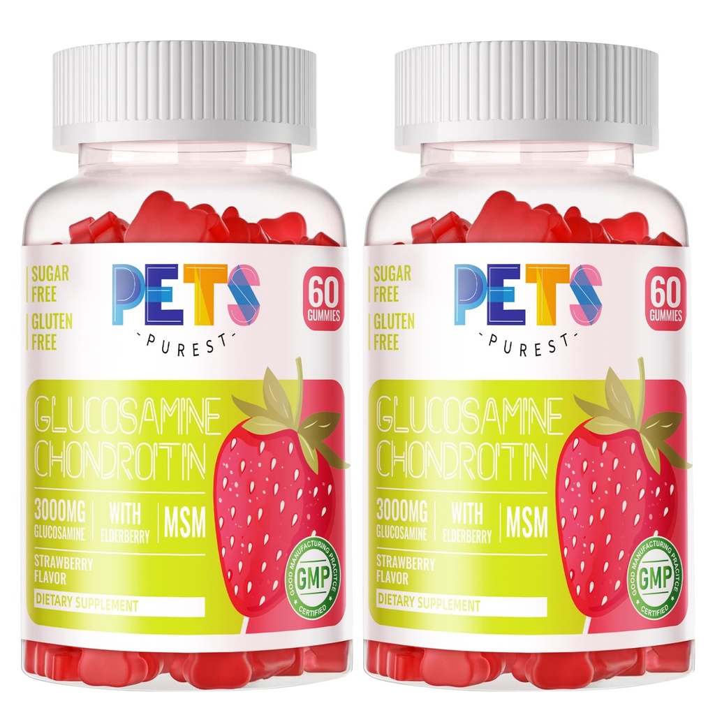 Husdjur Purest Glukosamin Chondroitin Gummies med MSM & Elderberry Extra Strength - Gemensamt stöd, Antioxidant Immune Support Supplement för vuxna, Män & Kvinnor.(2 Pack) Strawberry
