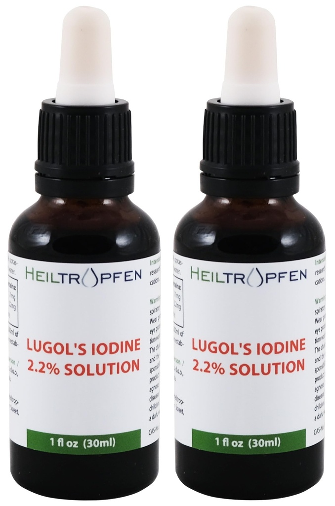 2X 2,2% Lugols jodlösning 2x1 Fl Oz - 2x30 ml | Läkemedelskvalitet ingredienser | Lugols lösning tillverkad med jod och kaliumjodid | Set av två flaskor | Heiltropfen®