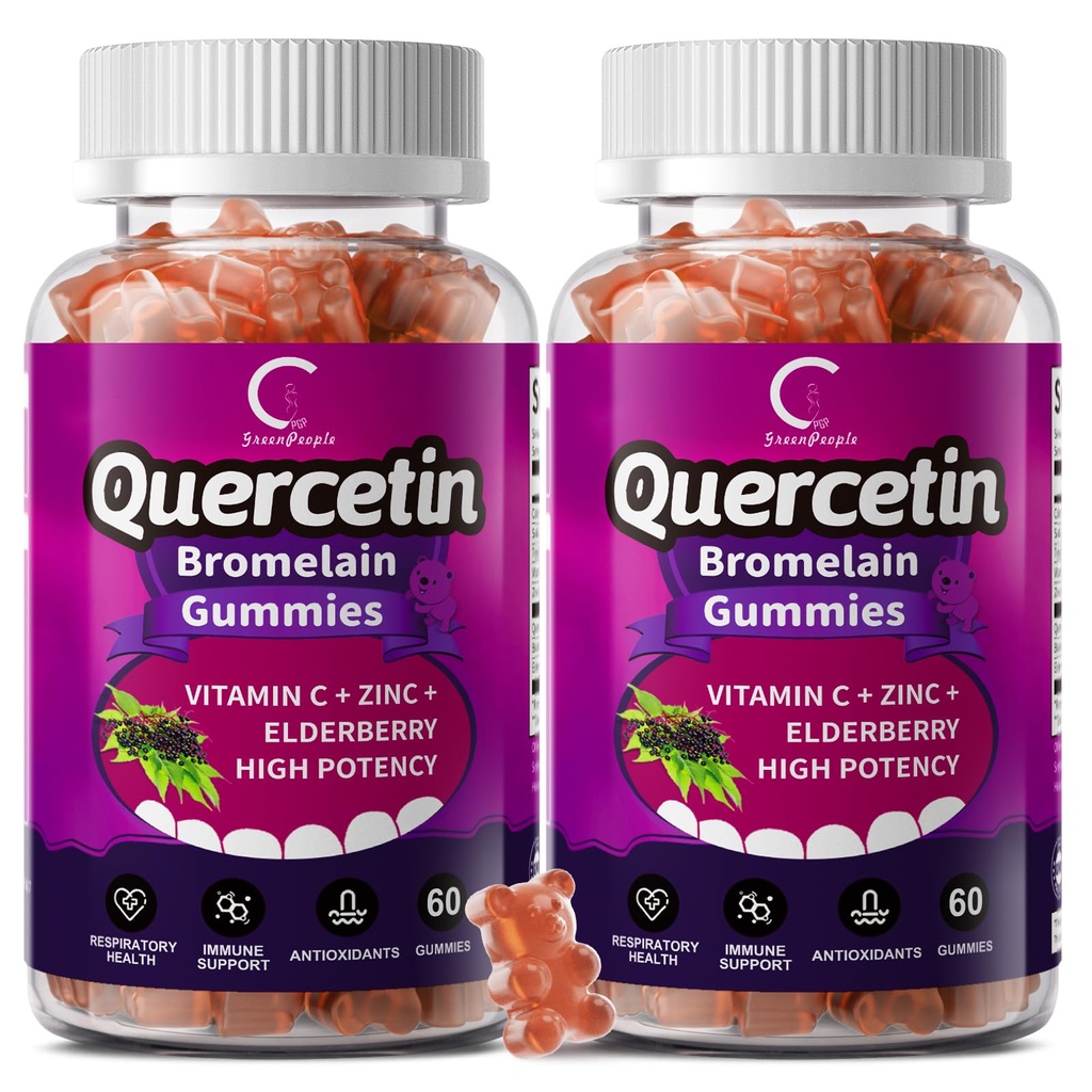 Quercetin Gummies - Quercetin med Bromelain, Vitamin C, Zink & Elderberry, Extra Strength Immune System Booster, Lung Support Supplement för vuxna barn - 60 Quercetin Gummies (2 Pack)