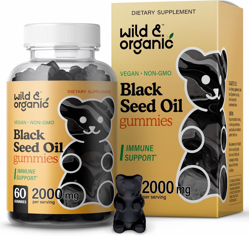 Wild & Organic Black Seed Oil Gummies 2000mg - Hair Skin and Nails Support w/Cumin Oil - Nigella Sativa - Black Seed Gummies for Immunity - 60 Omega 3 6 9 Chews
