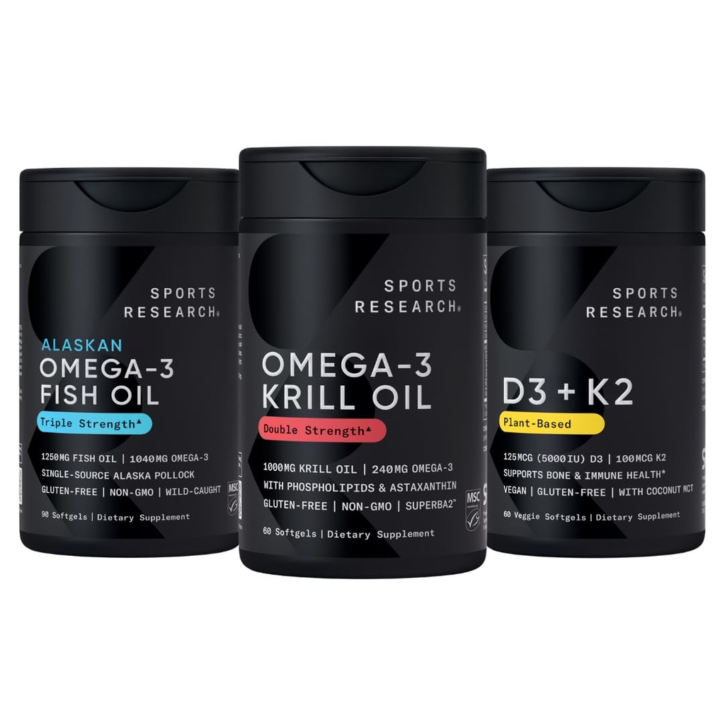 Sportforskning Antarctic Krill Oil Omega 3 1000mg (Double Strength) med Fosfolipider, Choline & Astaxanthin, Triple Strength Omega 3 Fish Oil Single-Source Wild Alaska Pollock 1250mg, Vitamin D3 K2