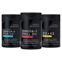 Sportforskning Antarctic Krill Oil Omega 3 1000mg (Double Strength) med Fosfolipider, Choline & Astaxanthin, Triple Strength Omega 3 Fish Oil Single-Source Wild Alaska Pollock 1250mg, Vitamin D3 K2