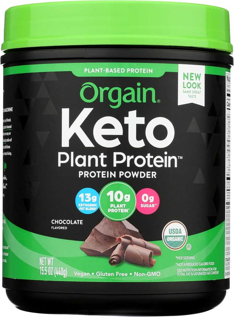 Orgain Organic Keto Vegan Protein Powder, Chocolate - 10g Plant Based Protein, 0g Sugar *, Avocado & Coconut Oil, Gluten Free, No Dairy, Laktos eller Soja Ingredienser, För Smoothies & Shakes, 0.97lb