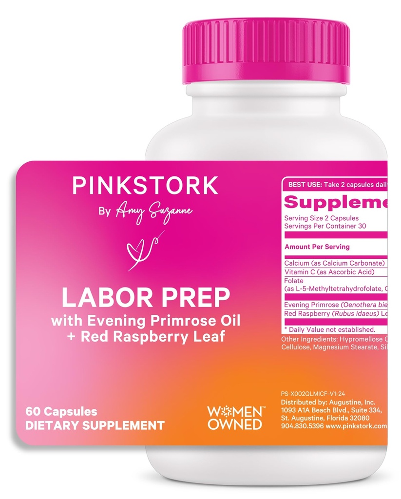 Pink Stork Labor Prep Supplement - Evening Primrose Oil & Red Raspberry Leaf för tredje trimestern, Gentle Labor & Postpartum Support, Graviditet & Amning Safe, 60 Vegan kapslar