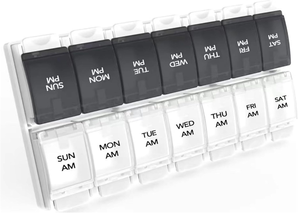 Sukuos AM PM Weekly 7 Day Pill Organizer, 2 Times A Day Pill Box med artrit Friendly Push Button, Medicine Cases för vitamin / fiskolja / tillägg, lätt att rengöra (Black & White)