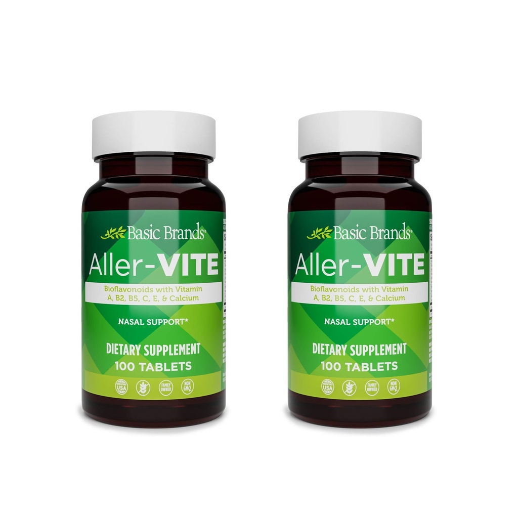 Grundläggande varumärken Aller-Vite - Natural Allergy Relief Tablets - Homeopathic Sinus & Nasal Support med Bioflavonoids, vitamin A, B2, B5, C, E & Calcium - 100 Vegan tabletter - 2-Pack