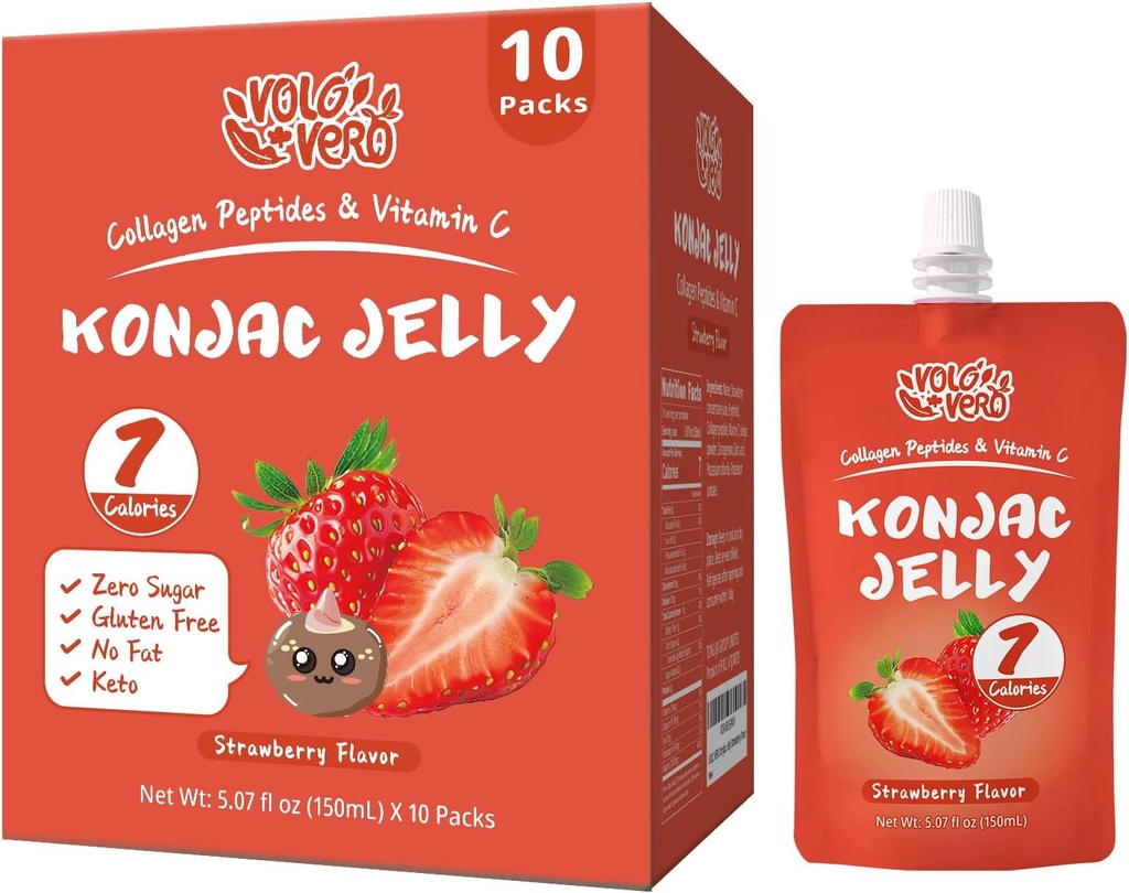 Konjac Jelly Pouch Drinkable Strawberry Flavor, 7 kalorier, Gluten Free, Zero Sugar, Keto, Collagen Peptides och Vitamin C, Low Fat Healthy Fruit Snacks, Holiday Gifts, 10 Packs