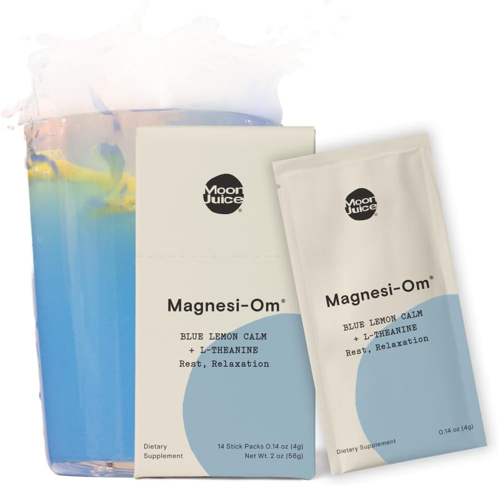 Månjuice - Magnesi-Om, blå citron - Sticks (18 portioner) - Stöd hjärnhälsa, vila - Magnesiumpulver - L-Theanin - Regularitet - Komposterbar - 100% spårbar - Vegan, icke GMO - 0.14oz