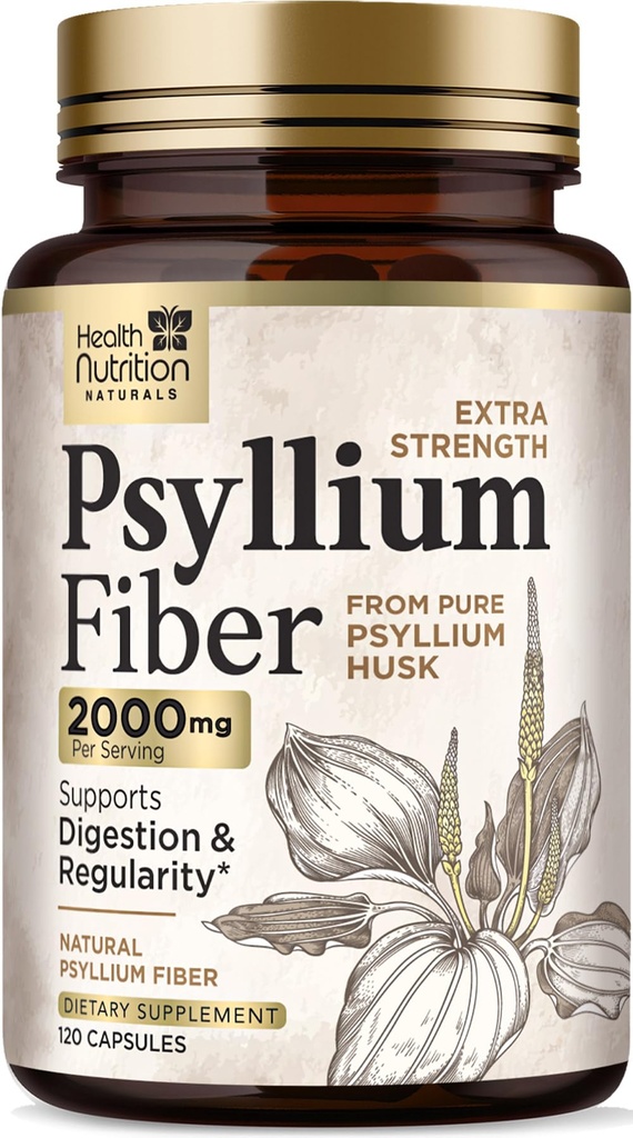 Psyllium Husk Capsules 1500 mg - Natural Fiber Supplement Pills, Daglig Digestion, Colon Health och Regularity Support, Plant Based Psyllium Husks Powder Caps, Vegan, Non-GMO - 120 Veggie Capsules