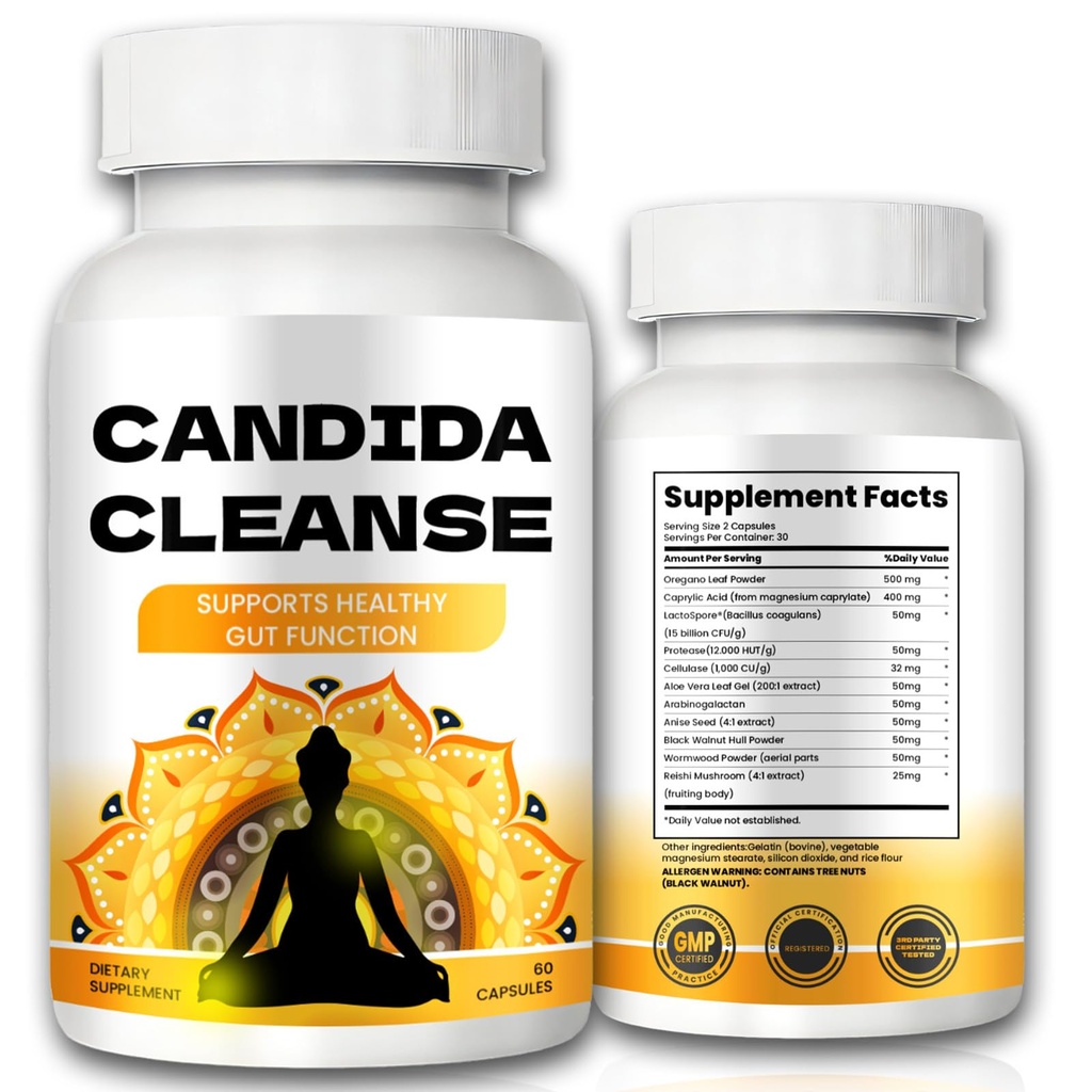 Candida Cleanse - Gut & Colon Support, Avancerad Formel - Oregano Leaf, Wormwood, Black Walnut, Caprylic Acid