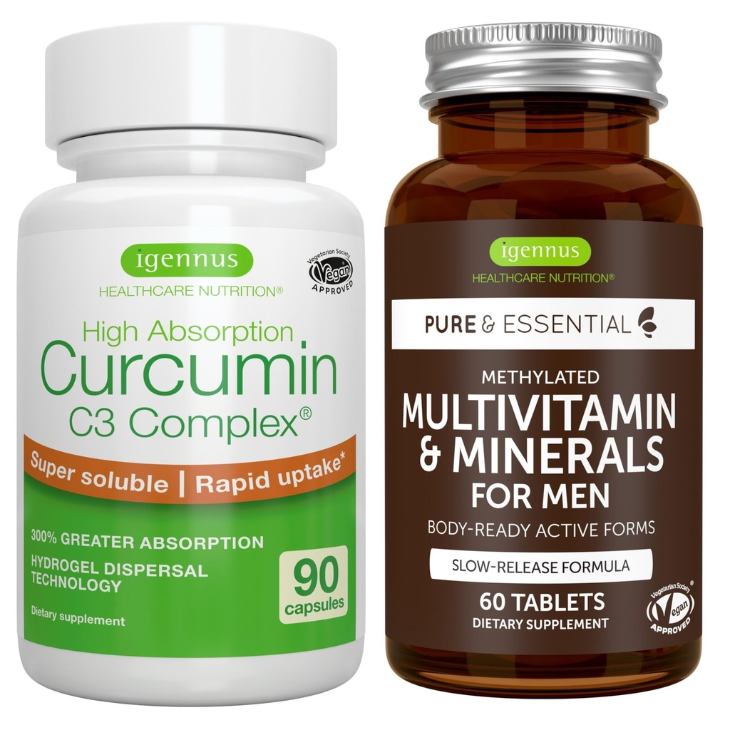 Multivitamin & Minerals för Män + Hög Absorption Curcumin C3 Complex, Vegan Bundle, Sustained Release Advanced Multivitamin + 300% Större Absorption Curcuminoids med Rapid Uptake, av Igennus