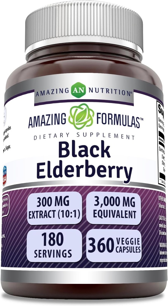 Fantastiska formler Sambucus Black Elderberry | 300 Mg Extract 10:1 (3000 Mg Equivalent) | Veggie Capsules | Non-GMO | Gluten-Free | Made in USA (1 Pack, 360 Count)
