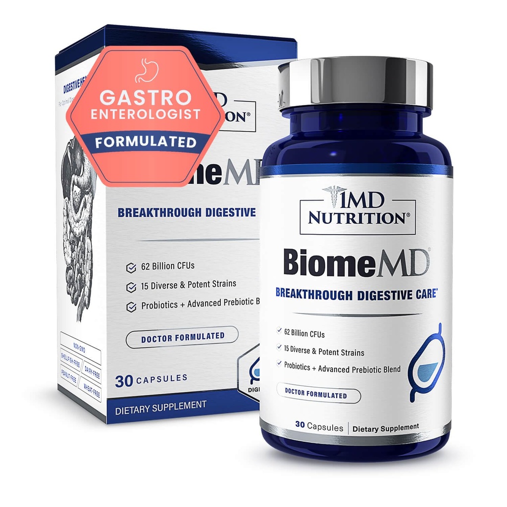 1MD Nutrition BiomeMD Probiotics | 62 miljarder CFUs, 15 omfattande stammar - Pro & Prebiotika | Doktor-Formulerad för Digestive Health & Immune Support | 30 kapslar