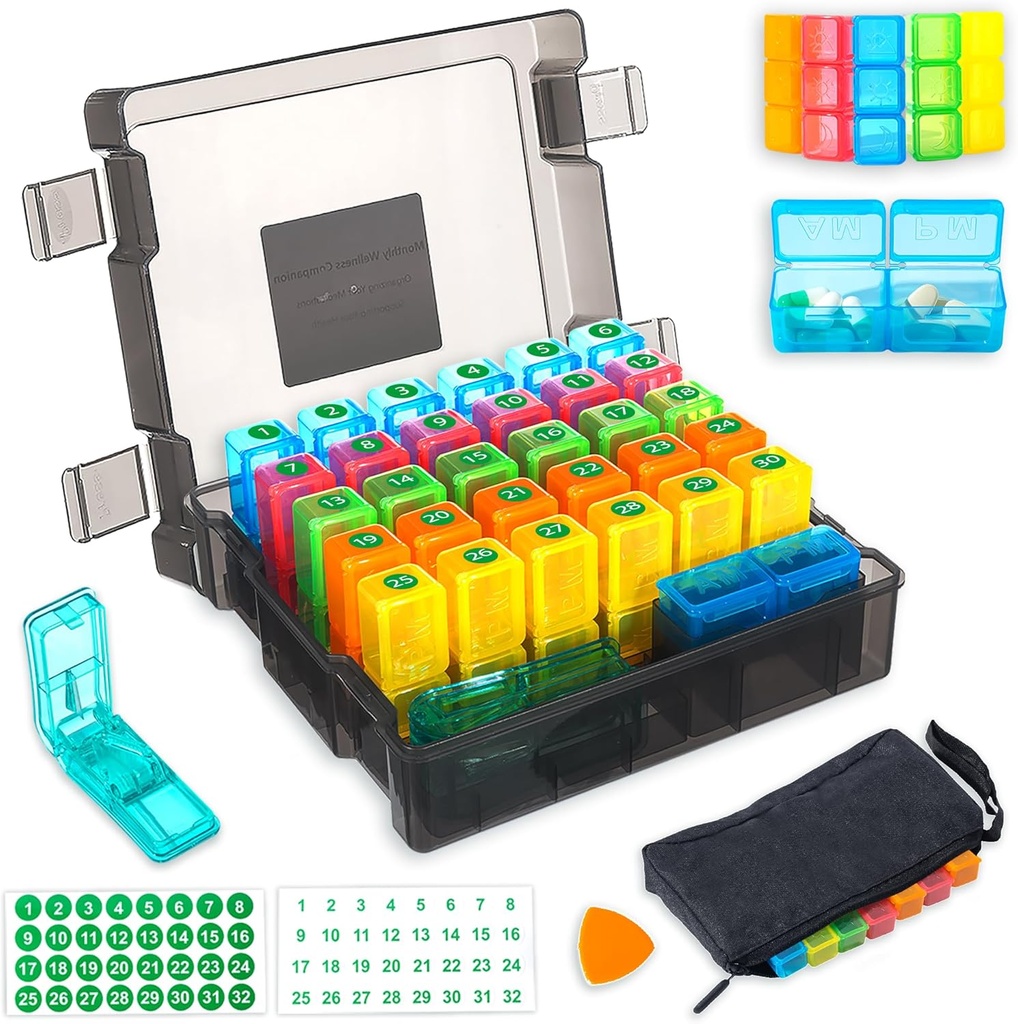 Månatlig Pill Organizer 2 gånger per dag med 31-dagars Moistureproof Box, Weekly Pill Bag, Pill Cutter, Plastic Opening Pick för enkel användning, stor kapacitet för Convenient Medication Management (Black)