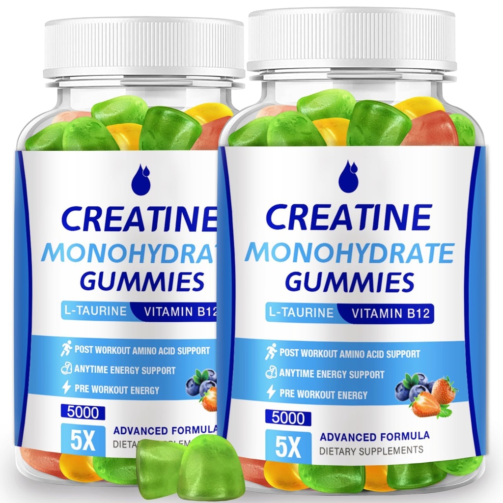 Kreatinmonohydrat Gummies 5000mg Kreatin för kvinnor och män 2 Packs, Kreatinmonohydratskugga för ökad fokus, muskelstyrka, 5g Kreatinmonohydrat per servering, sockerfri, Vegan