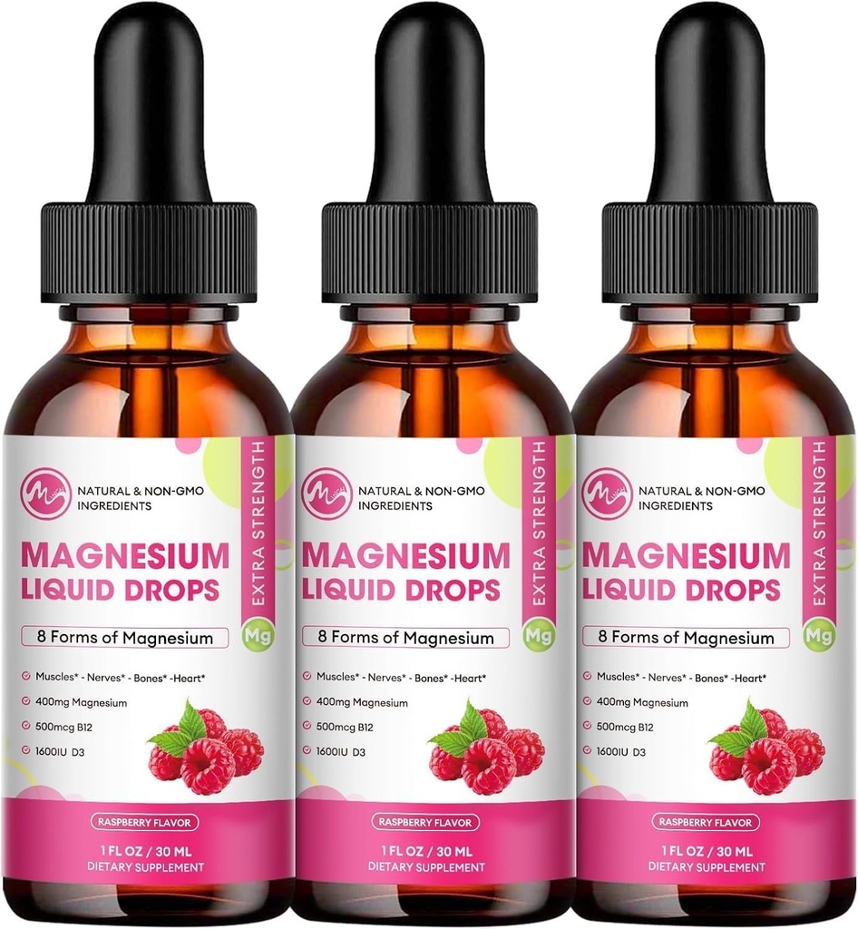 (3 Pack) Magnesium Liquid Drops - 8 i 1 Magnesium Komplex Tillägg med Magnesium Glycinate, Citrate, Malate, Taurate, för hjärna, natt, Muskel, ben, kramper, Raspberry smak
