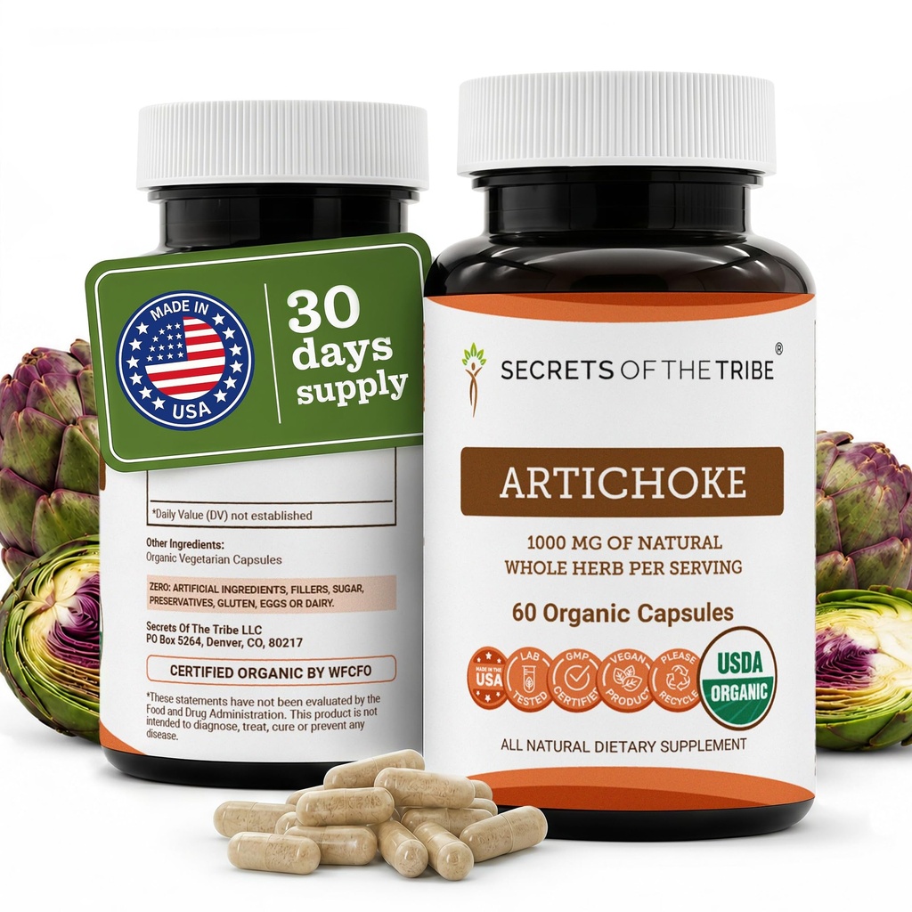 Secrets of the Tribe Artichoke USDA Organic Capsules | Certified Organic Vegetarian Capsules, Herbal Dietary Supplement | Cynara scolymus Dried Leaf (60 Count)