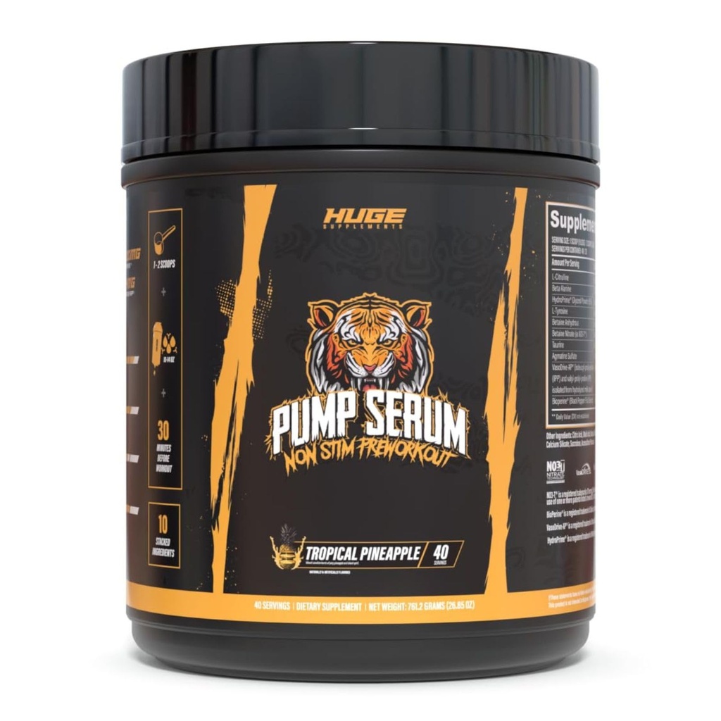 Stora kosttillskott Pump Serum, Stim Free Pre Workout och Nitric Oxide Booster för att förbättra fokus, pumpar, Fulness med ingen koffein, L-Citrulline, GlycerPump, L-Tyrosine, Nitrosigine (Tropical Pineapple)