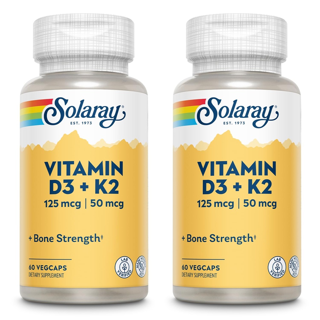 SOLARAY Vitamin D3 + K2, D & K Vitaminer för kalciumabsorption och stöd för hälsosamt kardiovaskulärt system och artärer, icke-GMO & No Soy