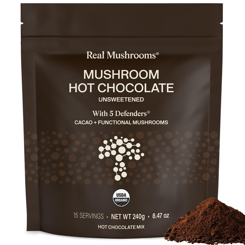 Real Mushrooms Unsweetened Hot Chocolate Mix med 5 Defenders - Reishi, Chaga, Turkiet Tail, Maitake, Shiitake - Coco Powdered Unsweetened - Organic Cacao Powder Supplement, Vegan, 15 Servings