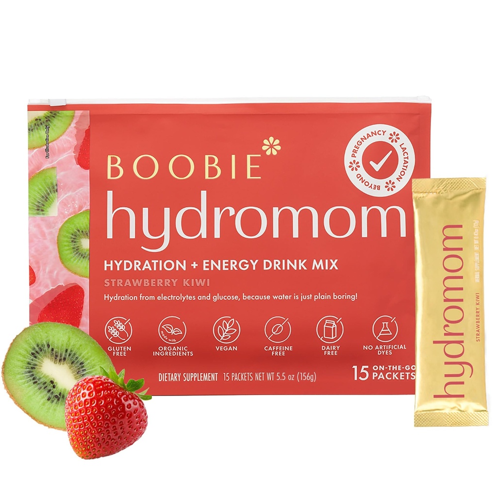 Boobie Hydromom Superfood Electrolyte Drink Mix, Strawberry Kiwi | Uppfriskande energi & Hydration Boost för Mamas | On-The-Go & Travel Essentials för Graviditet, Laktation & Utöver 15 Packets