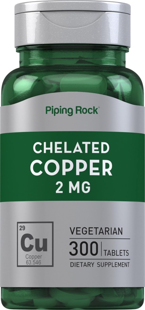 Piping Rock Chelated Copper 2 mg Supplement | 300 tabletter | Vegetarian, icke-GMO, Gluten Free