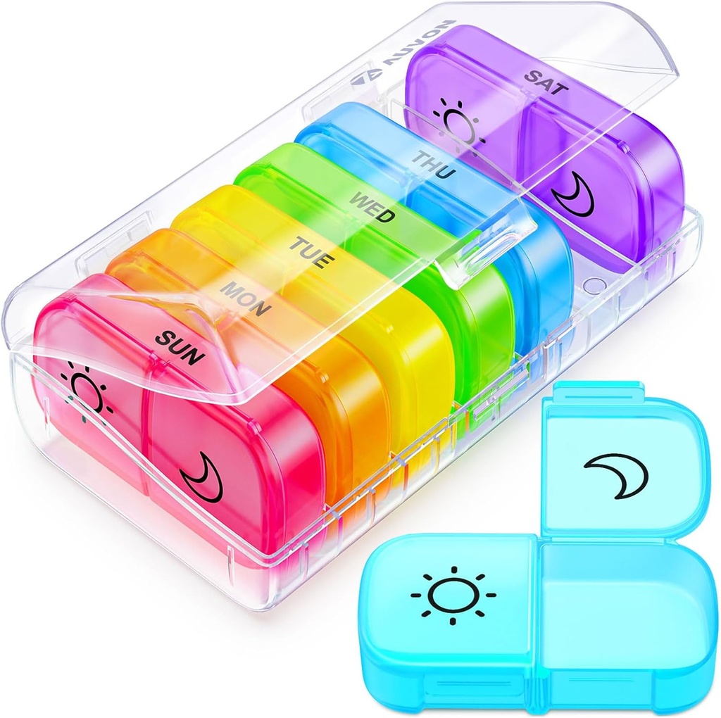 AUVON XL Weekly Pill Organizer 2 gånger om dagen med stor öppning för enkel fyllning, AM PM Pill Box 7 Day i regnbågsfärger, portabel resepiller fall för medicinering, vitaminer, fiskoljor, tillägg