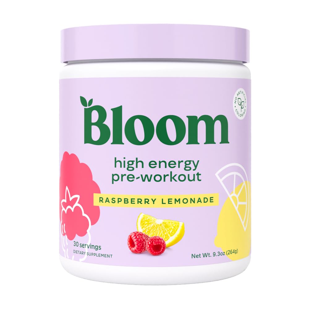 Bloom Nutrition High Energy Pre Workout med Beta Alanine, Ginseng och L Tyrosine för Amino Energy, Natural Caffeine Powder från Green Tea Extract, Keto, Sugar Free Drink Mix, Raspberry Lemonade