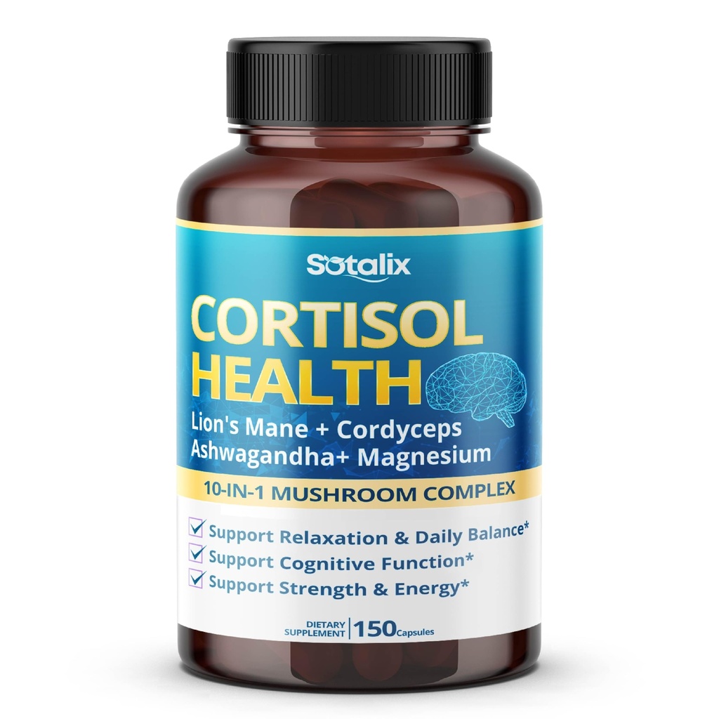 Cortisol Health Supplement med Magnesium, Ashwagandha, Lion's Mane & 10 Mushroom Complex – Relaxation, Focus & Energy Support – 150 kapslar – Sotalix – USA Made, GMO-Free
