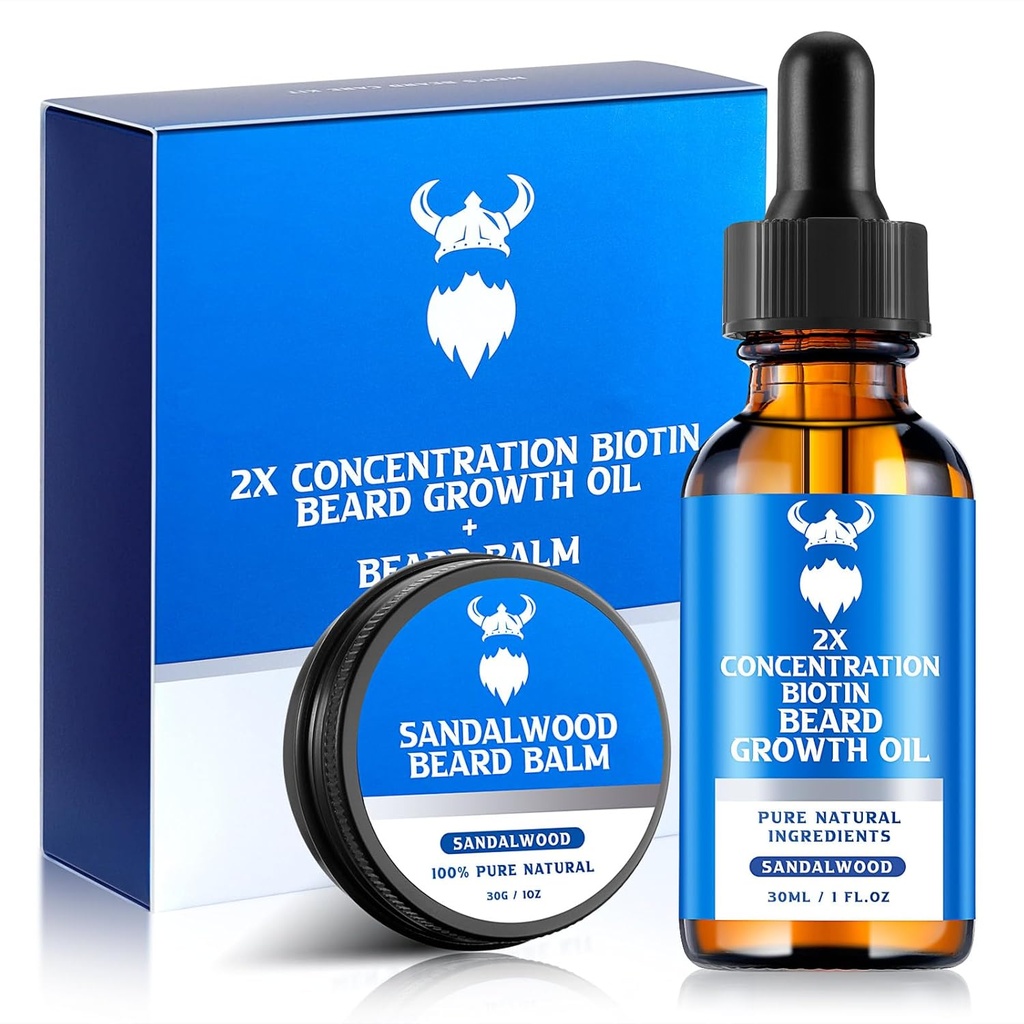 Beard Growth Oil & Beard Balm - Beard Growth Kit med 2X Concentration Biotin för män, naturliga ingredienser med Argan Oil, Jojoba Oil och Vitamin (Sandalwood)