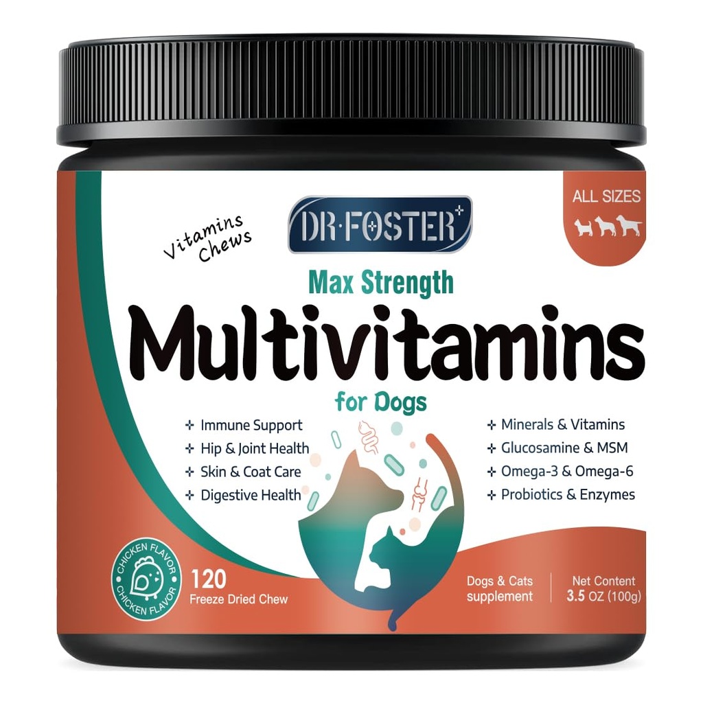 Hund Multivitamin med Glukosamin, Omega 3, Mineraler, Probiotika och Enzymer, Hund Vitaminer och Kosttillskott för gemensam, hud & Coat Care, Digestive och Immune Health, Chicken Flavor - 120 Chews