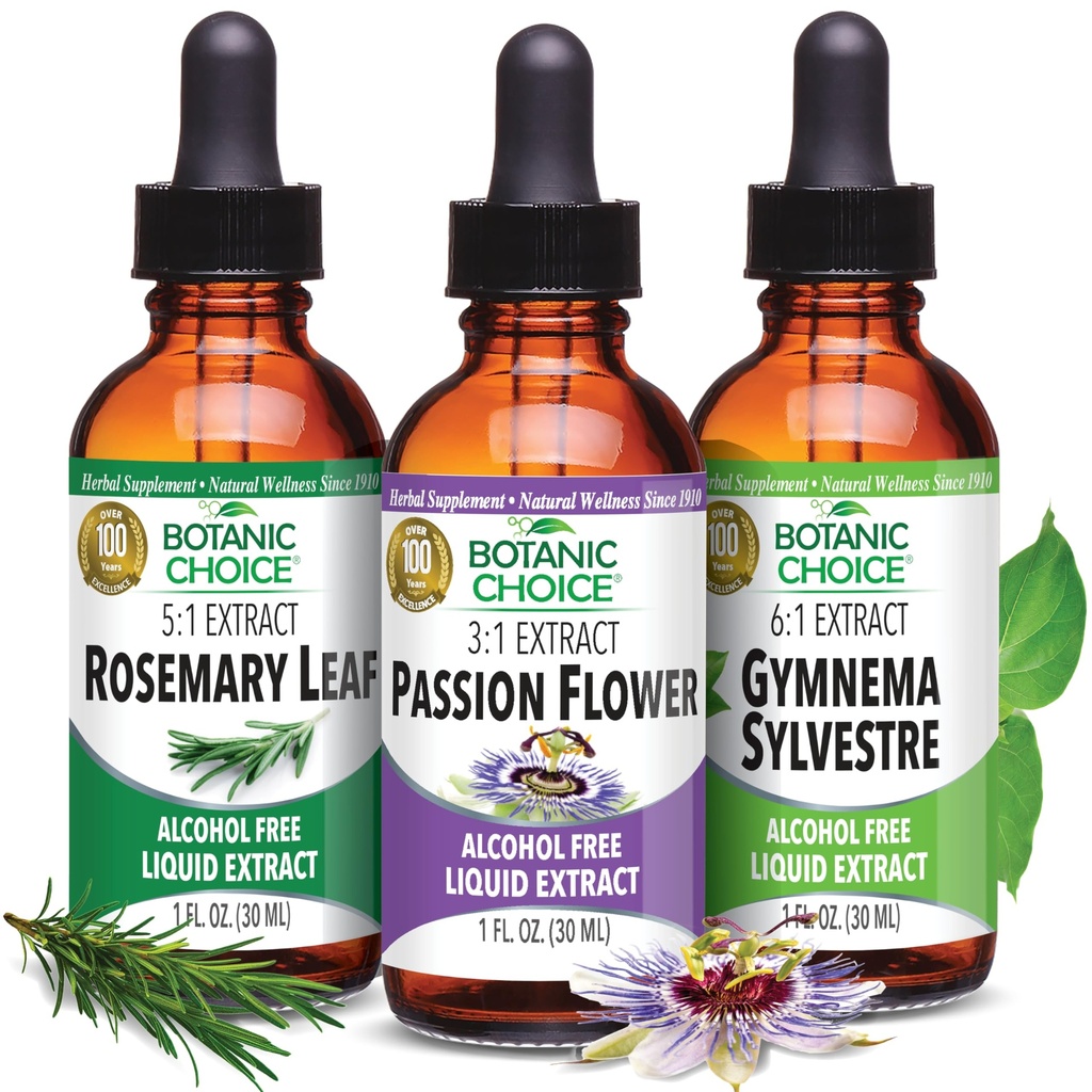Botanic Choice Passion Flower, Rosemary Leaf, & Gymnema Sylvestre Extracts Bundle - Daglig Övergripande Wellness Kit för övergripande välbefinnande (1 fl. Oz. Varje)