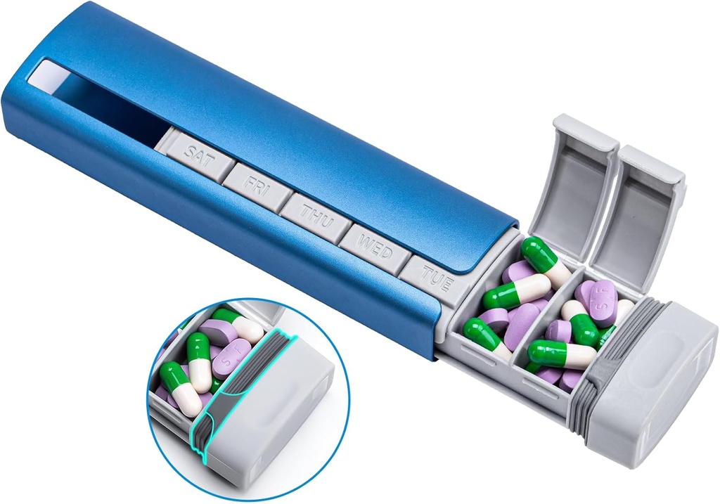 Daviky Metal Travel Pill Organizer, Premium Aluminium Pill Box 7 Day, Weekly Daily Pill Case, Stylish & Cute Pill Holder för mediciner, kosttillskott och vitaminer (Blue+Gray)