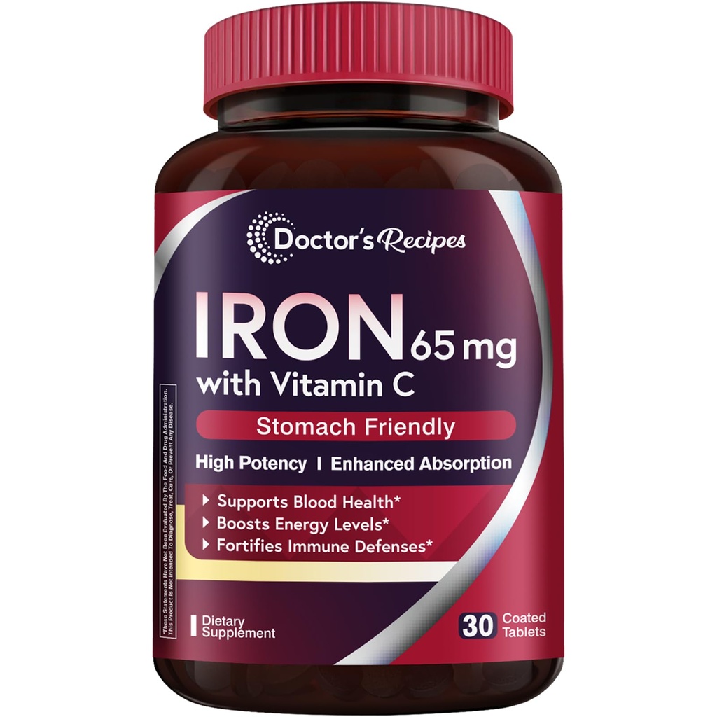Läkarens recept järn tillskott 65 mg med vitamin C - Maximerad absorption och mage vänlig järn piller för röd blodceller formation, hjärta, hjärna och immunitet hälsa - Vegan icke-GMO 30 järn tabletter
