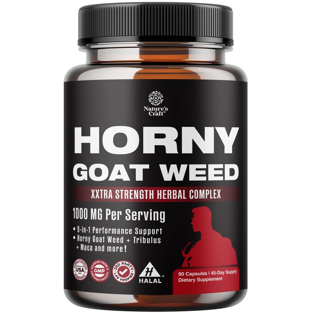 Natures Craft Horny Goat Weed för män - Extra styrka Male Supplement med Black Maca Root, Tongkat Ali, Saw Palmetto & Panax Ginseng Extract för Stamina & Energy - 90 kapslar